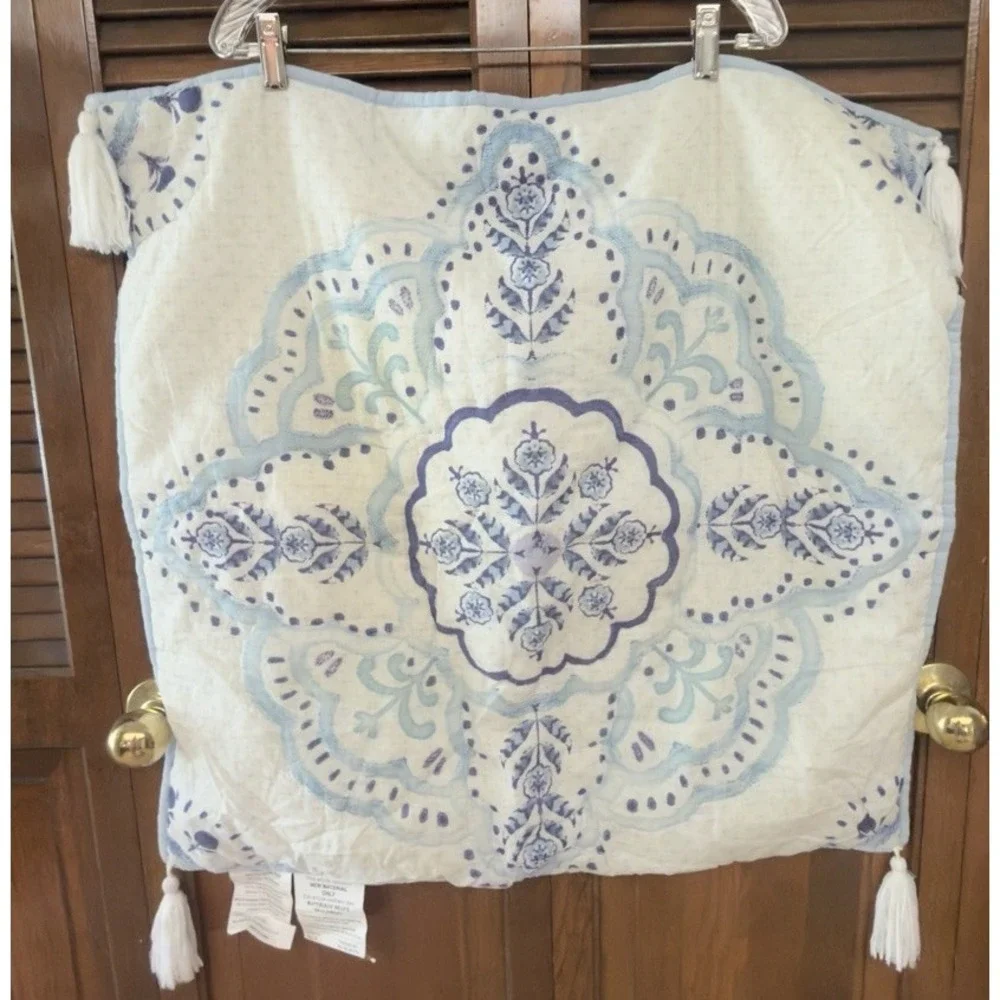 PB Teen Euro Pillow Shams Pair 26x26 Blue White Medallion Tassel Boho